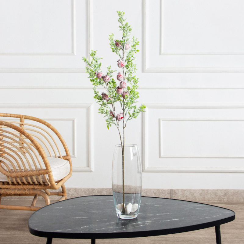 736А/0424-0138(F) Ветка заснеженная НГ с гранатами и блёстками h70см(47+23см) 2ветки,11 гранат_1