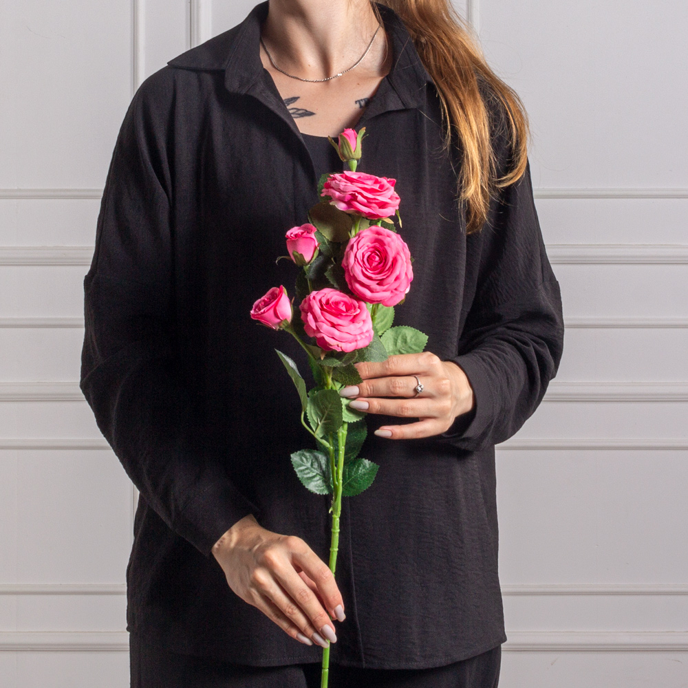 7141А/9149-11/5(F) Роза искусственная h75см, ярко-розовая, 3головы, 4бутона, шёлк_4