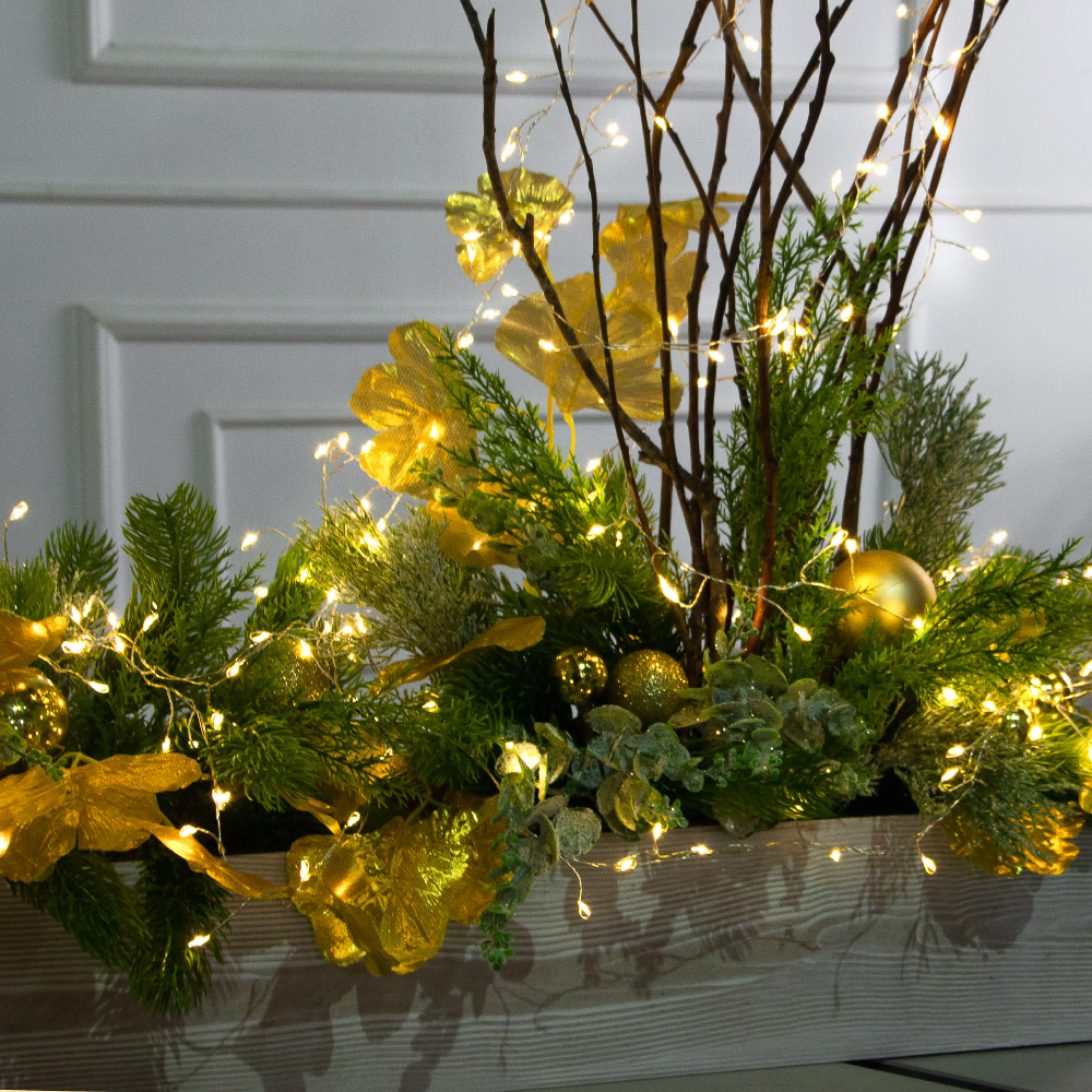 К556/СВ03т(Пр)(F) Композиция искусственная НГ с гирляндой Роса на основании, золото_6