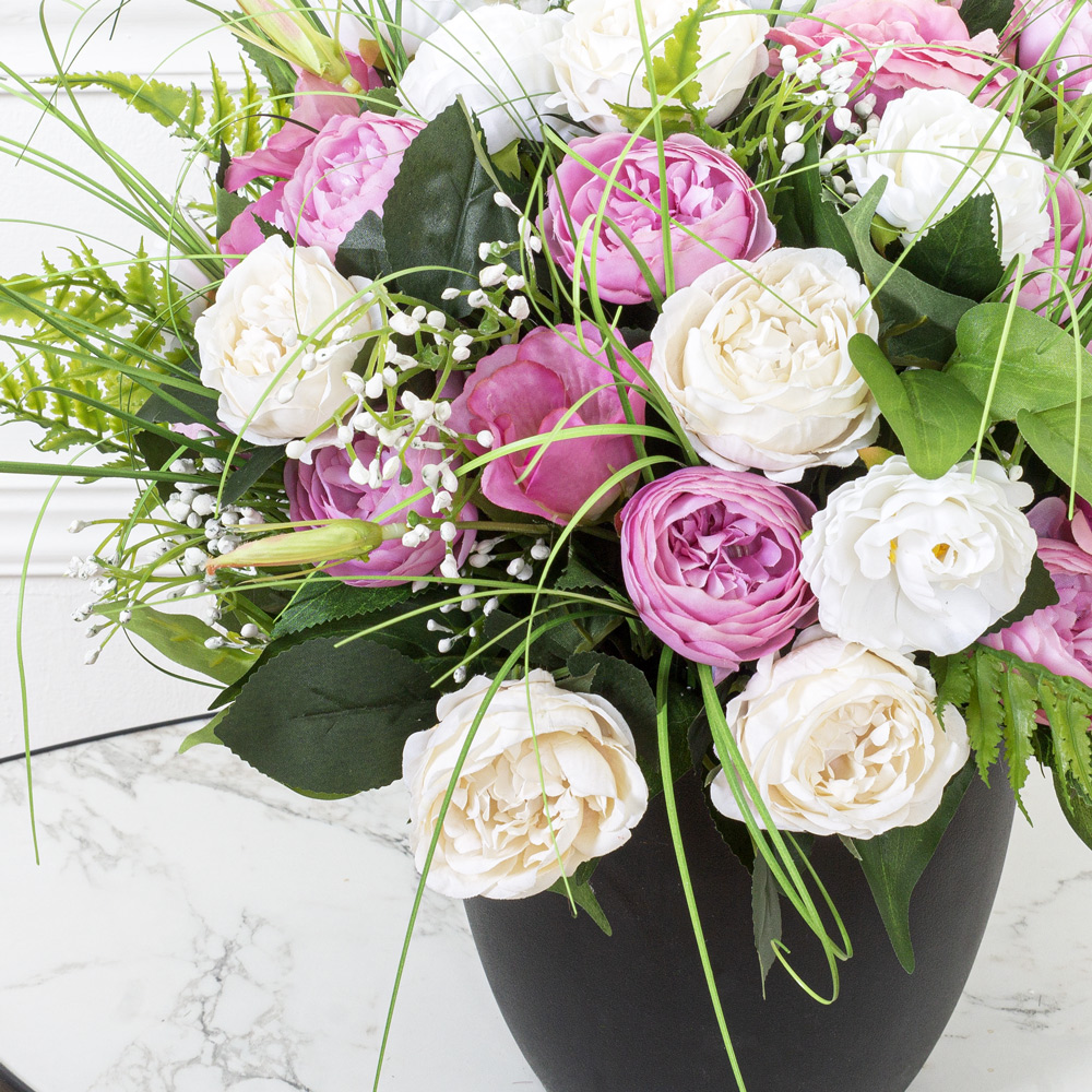 К123(з.) Композиция искусственная Розы пионовидные и орхидеи в кашпо d19см_1