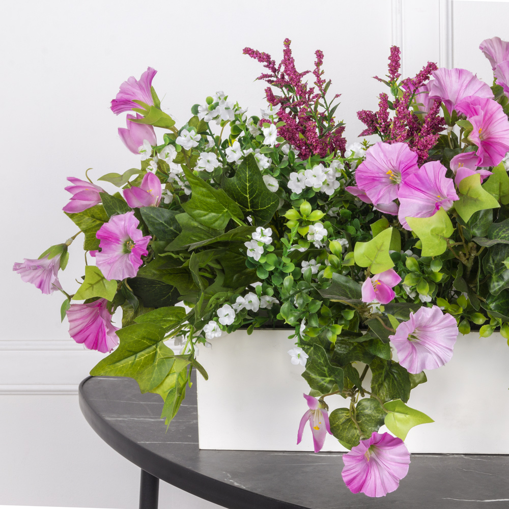 ТДЯ161 Композиция искусственная с петунией в деревянном ящике 50х12х10см, розовая_2