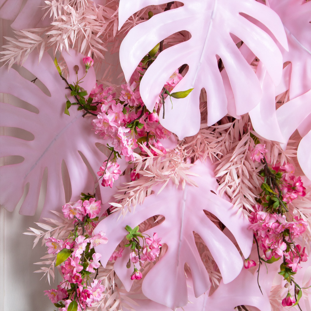 Л54-2(з)(F) Лиана искусственная с тропическими листьями L150см, свес 110см, розовая_2