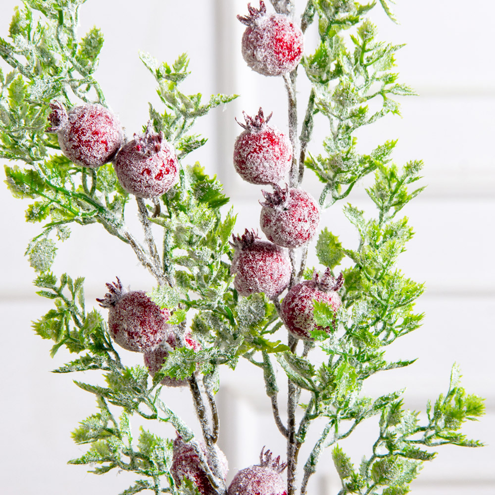 736А/0424-0138(F) Ветка заснеженная НГ с гранатами и блёстками h70см(47+23см) 2ветки,11 гранат_4