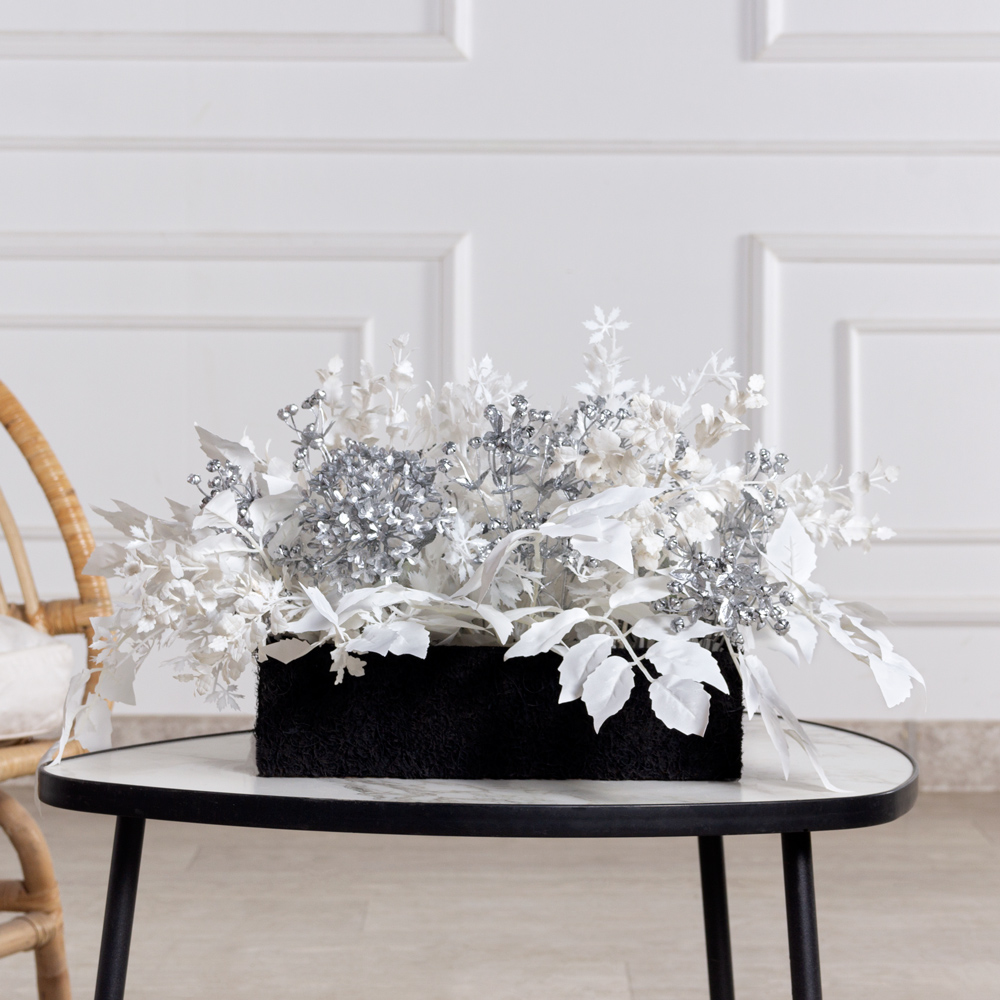 К514(з)(F) Композиция искусственная с белым фикусом в кокосовом боксе 30х10х8см_1