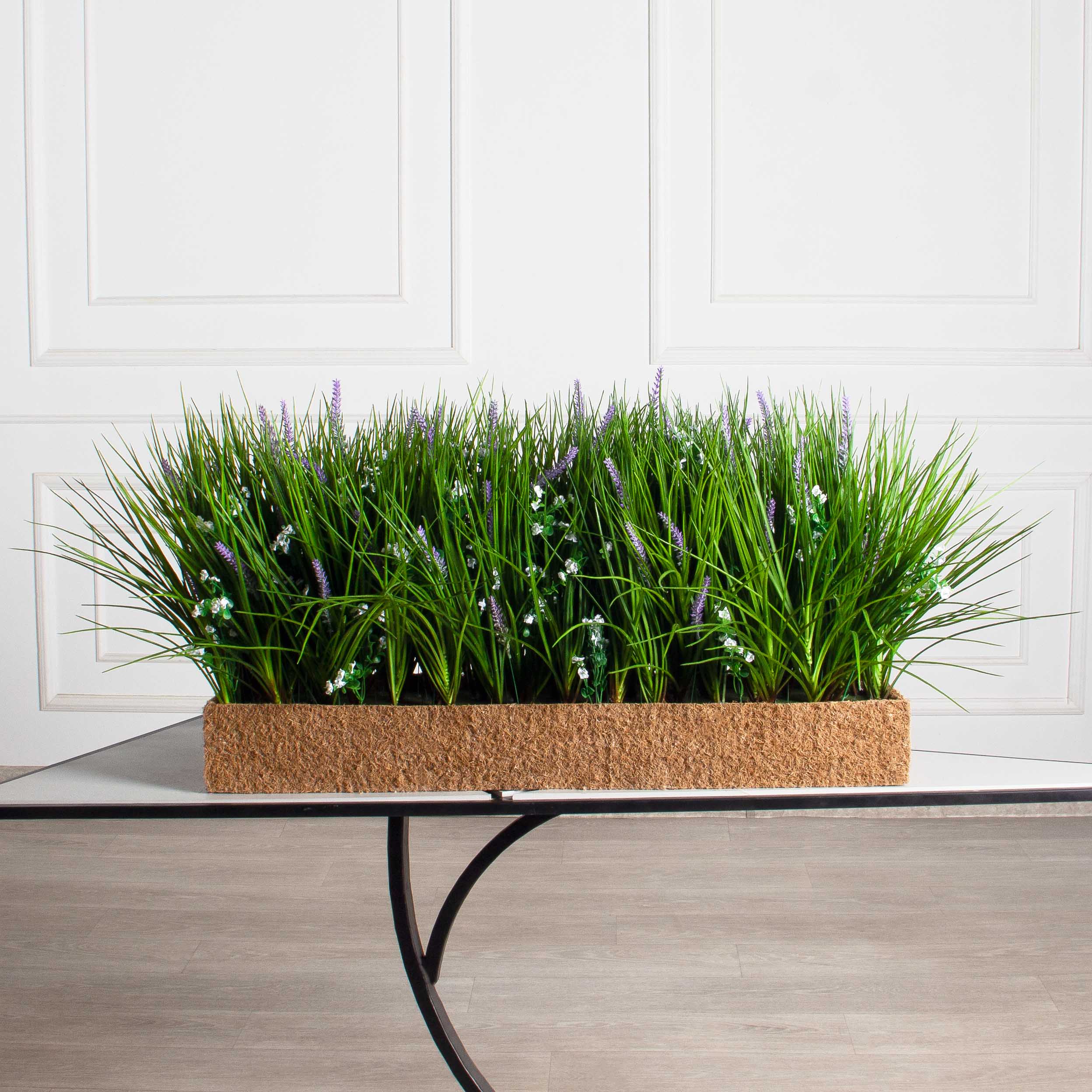 Б012(з)(F) Лаванда искусственная с травой h40см в кокосовом боксе 80х19х10см, сиреневая_2