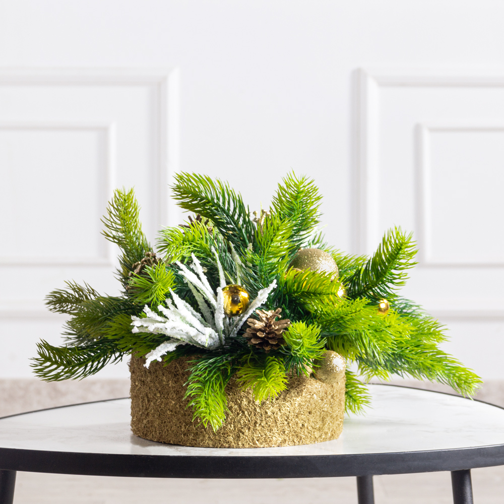 КНг65/3(Пр)(F) Композиция искусственная НГ в золотом кокосовом боксе d20,h8см, золотая_1