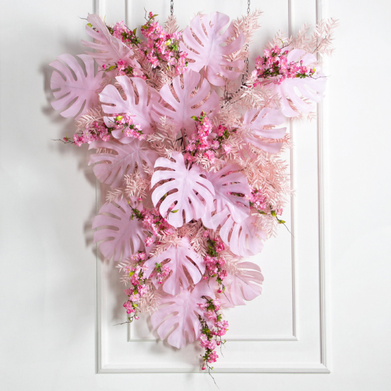 Л54-2(з)(F) Лиана искусственная с тропическими листьями L150см, свес 110см, розовая_1