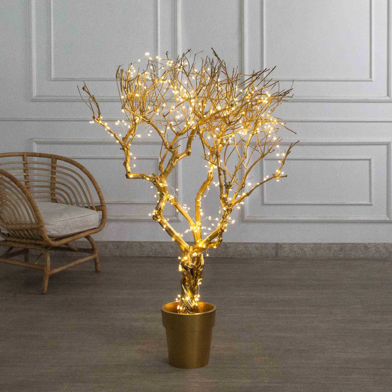 140/ДЗ/СВ03(Пр)(F) Дерево интерьерное с гирляндой Роса h140см, натуральная древесина, золотое_1