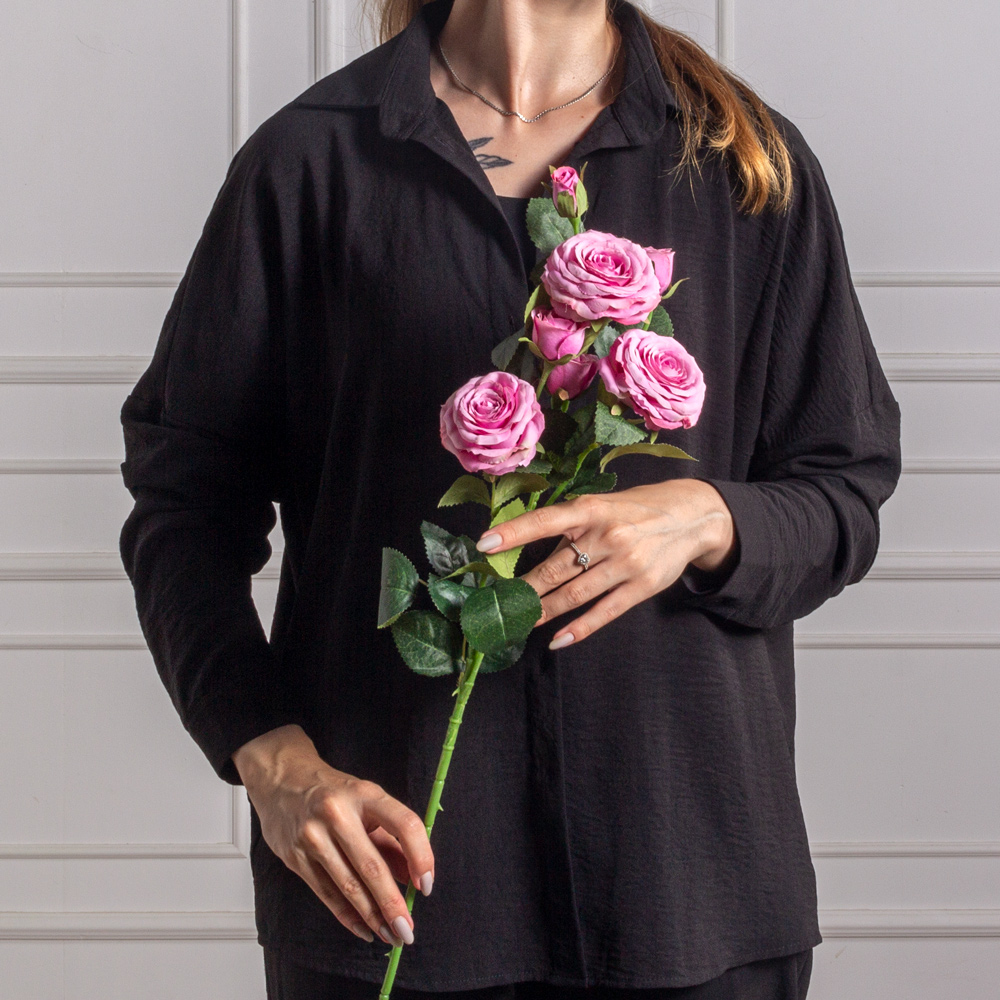 7141А/9149-11/8(F) Роза искусственная h75см, сиреневая, 3головы, 4бутона, шёлк_4