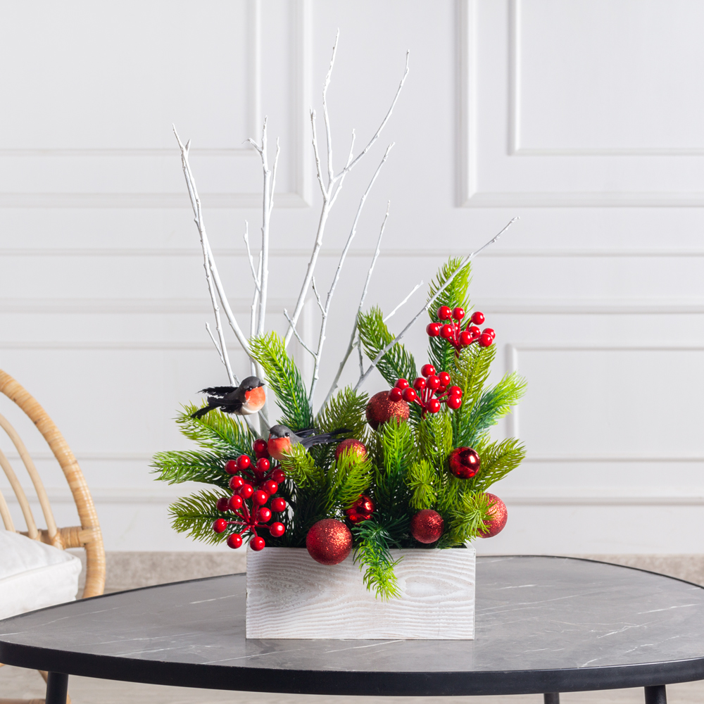 КНг56(F) Композиция НГ со снегирями в ящике 20х9хh8см _4