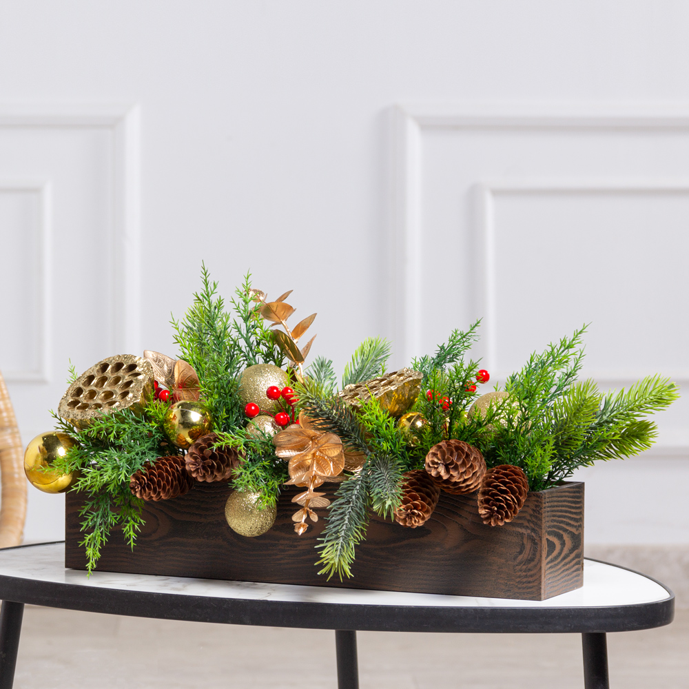 КНг61(Пр)(F) Композиция искусственная НГ в ящике 40х9хh8см, золото_1