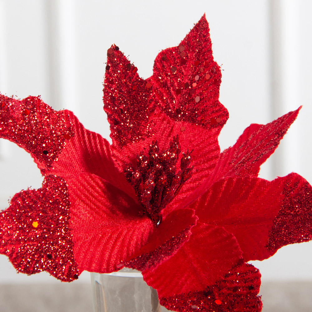 736А/9271-6316/2(F) Пуансетия НГ с блёстками h19см(нога h14см d23см) красная_3