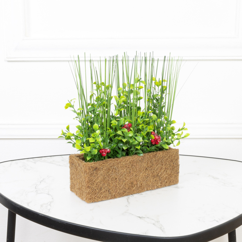 ТД060(Promo) Трава искусственная(зеленая) с ягодами h17см в кокосовом боксе 20х8х7см_3