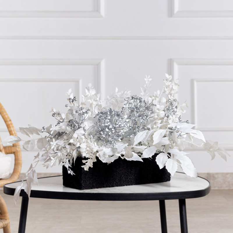 К514(з)(F) Композиция искусственная с белым фикусом в кокосовом боксе 30х10х8см