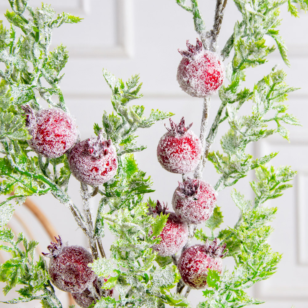 736А/0424-0138(F) Ветка заснеженная НГ с гранатами и блёстками h70см(47+23см) 2ветки,11 гранат_5