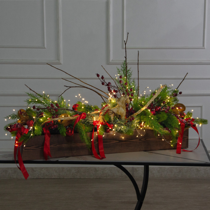 К560/СВ03т(Пр)(F) Композиция искусственная НГ в русском стиле с гирляндой Роса, на основании_1