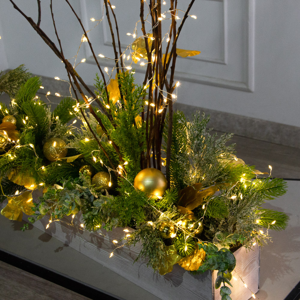 К556/СВ03т(Пр)(F) Композиция искусственная НГ с гирляндой Роса на основании, золото_7