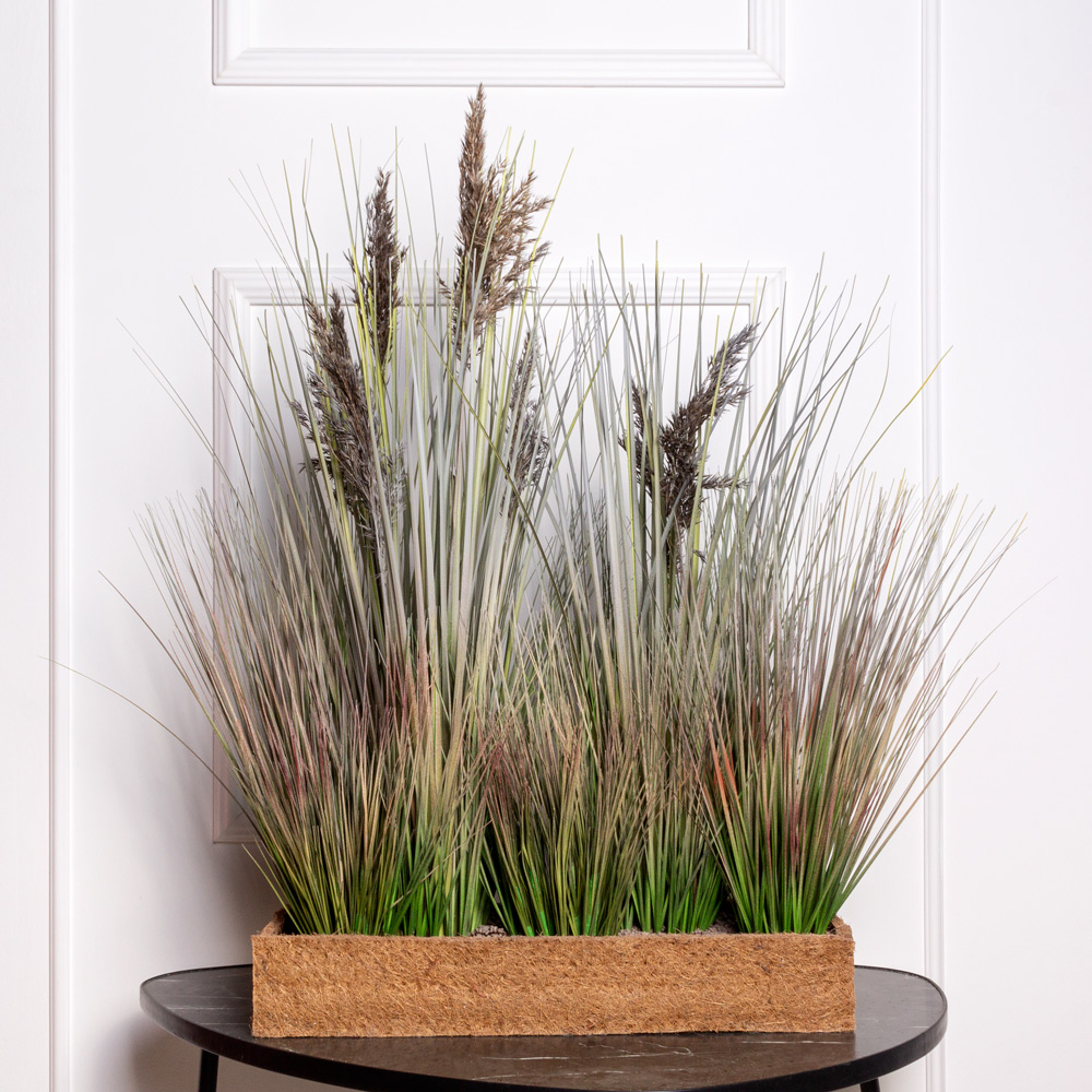 ТД097-6/3(з) Трава Осока искусственная с камышом h70см в кокосовом боксе 50х20х8см_1