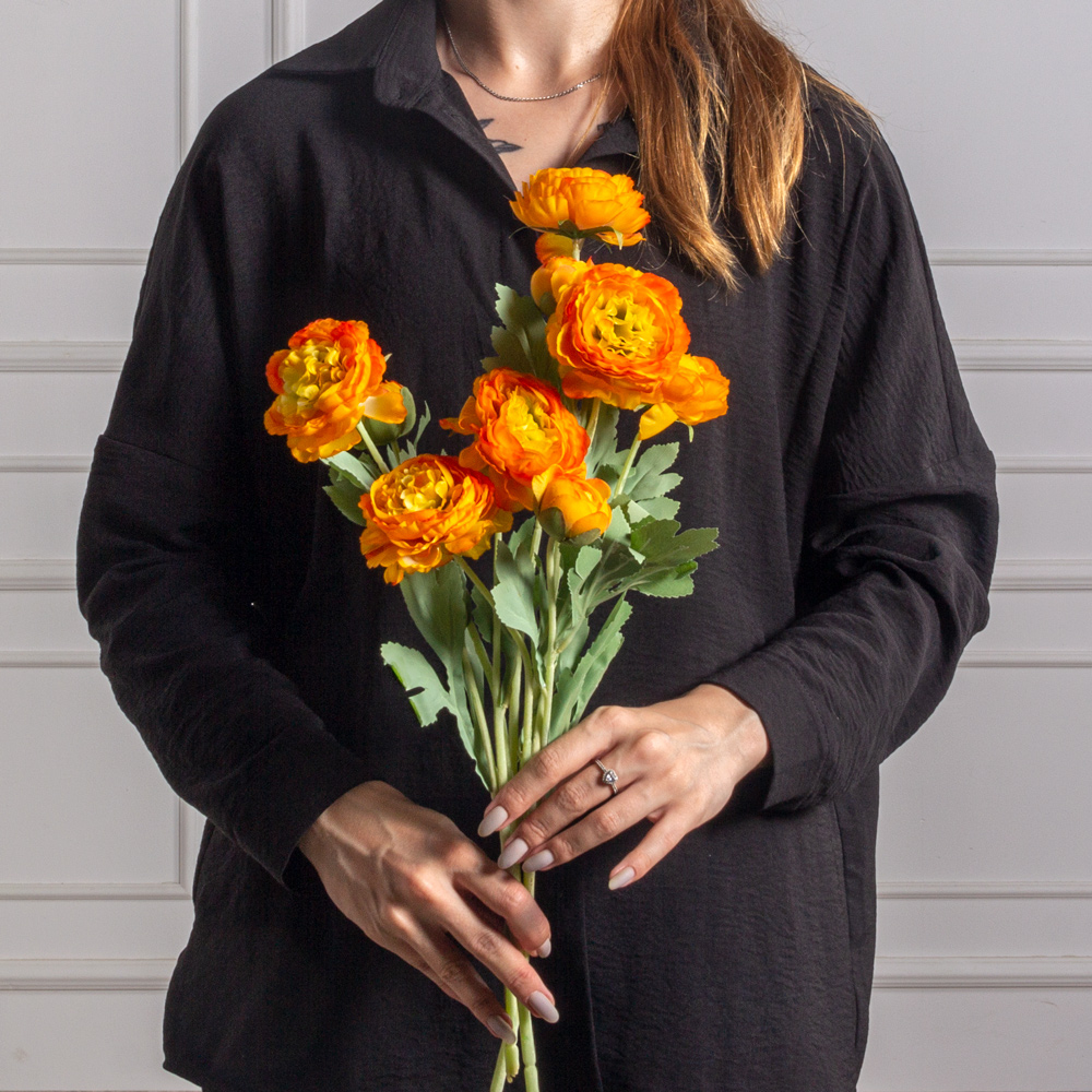 7141А/9149-09/18(F) Ранункулюс искусственный h50см,  оранжевый, 2головы, 1бутон_3