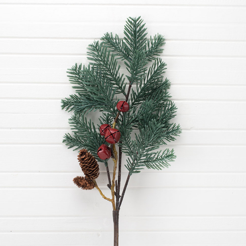 743/19957 KG (АКЦИЯ) Ветка еловая с шишками и красными бубенчиками h-73см