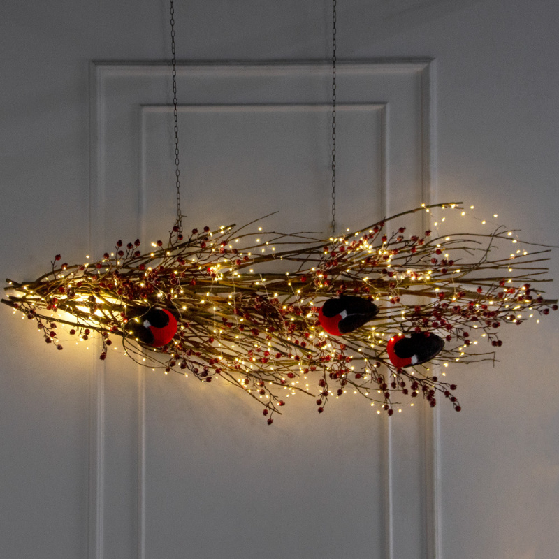 Л185/СВ03т(Пр)(F) Лиана искусственная со снегирями и гирляндой Роса L150см_1