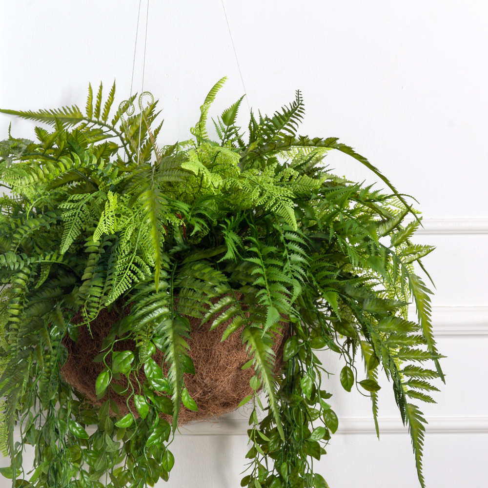 ККВ03-2/5(з)(F) Композиция искусственная Папоротники в подвесной  декоративной коковите d30см_1