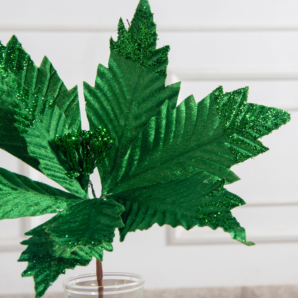 736А/9271-6317/9(F) Пуансетия НГ с блёстками h26см(нога h20см d32см) зелёная_3