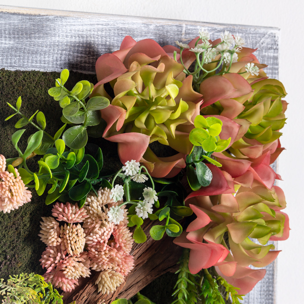 СКФ01-3(F) Фитокартина искусственная с суккулентами 30х30см в деревянной раме, розовый_1