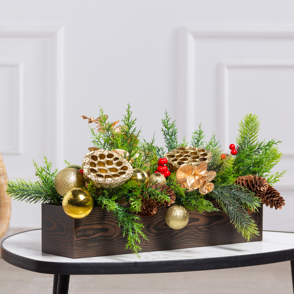 КНг61(Пр)(F) Композиция искусственная НГ в ящике 40х9хh8см, золото_2