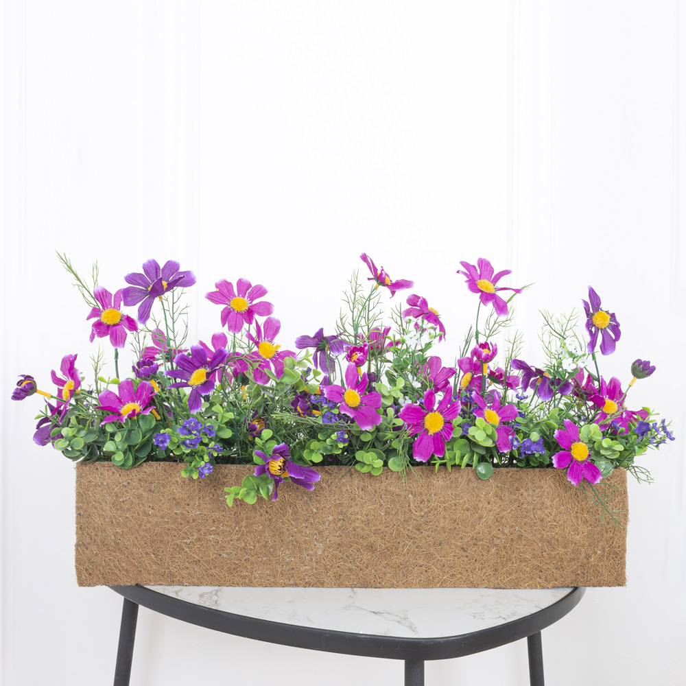 Ц427(з.) Композиция искусственная Космея цветная в кокосовом боксе 55,5х7,5х12см_1